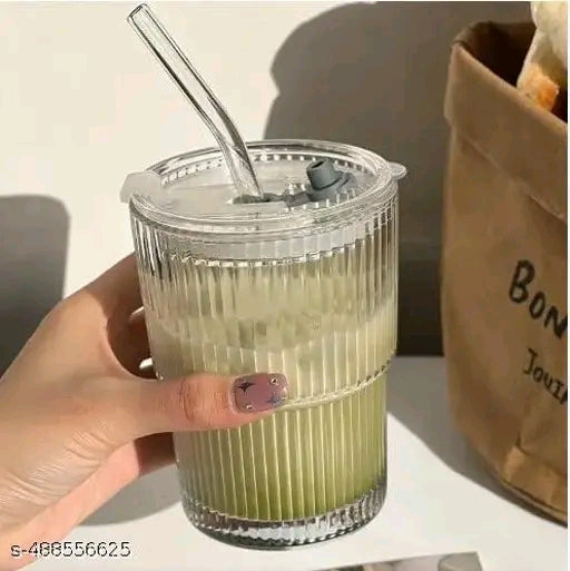 Round Glass Fruit Juice Milk Sipper Tumbler Mug With Lid And Straw For Kids- Pack Of 1- Can With Straw For Green Tea And Coffee Cup With Lid Diwali And Birthday Gift (Pack Of 1), 450 ML