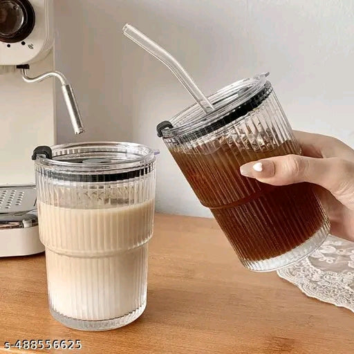 Round Glass Fruit Juice Milk Sipper Tumbler Mug With Lid And Straw For Kids- Pack Of 1- Can With Straw For Green Tea And Coffee Cup With Lid Diwali And Birthday Gift (Pack Of 1), 450 ML