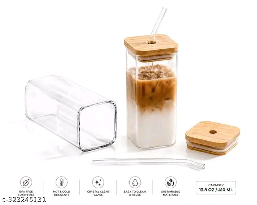 410ml (PACK OF 1) WOODEN LID SIPPER GLASS Random Printed Square Glass Beer Soda and Green Tea and Coffee Can Fruit Juice Milk Sipper Mug with Airtight Wooden Lid and Glass Straw Tumbler.