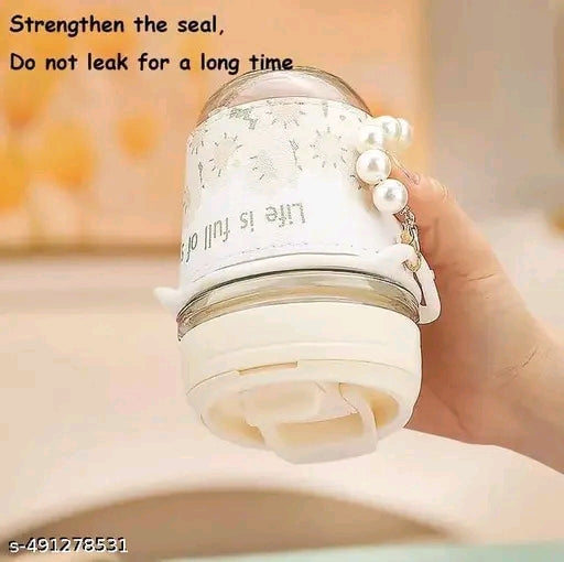 AANZIA Glass Coffee Mugs With Pearl Chain Belt & Sleeve Pack Of 1,Reusable Travel Sipper With Double Drink Straw And Lids,Kids Girls Tumbler For Juice Smoothies Milk Cups (White Pearl) - 350 Ml