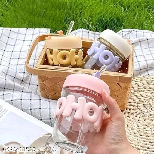 Cute HOHO Glass Sipper Cup for Kids | 300ml Leak-Proof Drinking Jar with Straw & Silicone Grip | Milk / Juice Cup