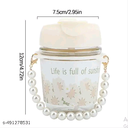 AANZIA Glass Coffee Mugs With Pearl Chain Belt & Sleeve Pack Of 1,Reusable Travel Sipper With Double Drink Straw And Lids,Kids Girls Tumbler For Juice Smoothies Milk Cups (White Pearl) - 350 Ml