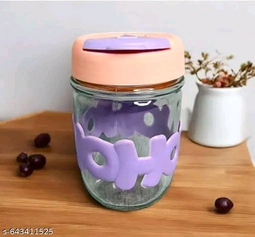 Cute HOHO Glass Sipper Cup for Kids | 300ml Leak-Proof Drinking Jar with Straw & Silicone Grip | Milk / Juice Cup