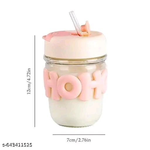 Cute HOHO Glass Sipper Cup for Kids | 300ml Leak-Proof Drinking Jar with Straw & Silicone Grip | Milk / Juice Cup