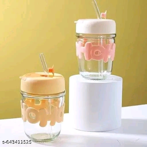 Cute HOHO Glass Sipper Cup for Kids | 300ml Leak-Proof Drinking Jar with Straw & Silicone Grip | Milk / Juice Cup