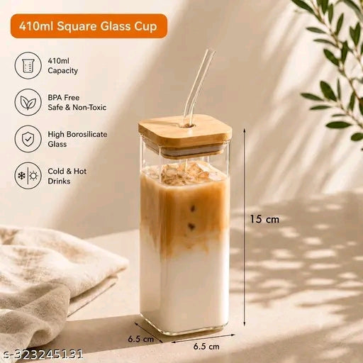 410ml (PACK OF 1) WOODEN LID SIPPER GLASS Random Printed Square Glass Beer Soda and Green Tea and Coffee Can Fruit Juice Milk Sipper Mug with Airtight Wooden Lid and Glass Straw Tumbler.