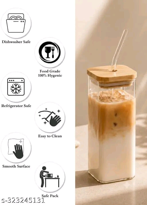 410ml (PACK OF 1) WOODEN LID SIPPER GLASS Random Printed Square Glass Beer Soda and Green Tea and Coffee Can Fruit Juice Milk Sipper Mug with Airtight Wooden Lid and Glass Straw Tumbler.