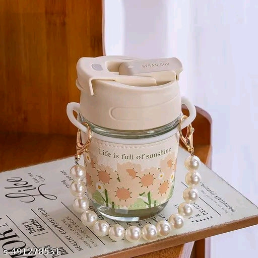 AANZIA Glass Coffee Mugs With Pearl Chain Belt & Sleeve Pack Of 1,Reusable Travel Sipper With Double Drink Straw And Lids,Kids Girls Tumbler For Juice Smoothies Milk Cups (White Pearl) - 350 Ml